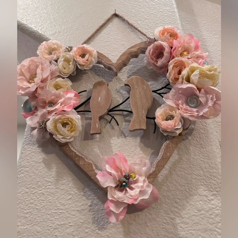 Handmade Floral Heart Wall Decor Birds Shabby Chic Cottagecore Wood Hanging